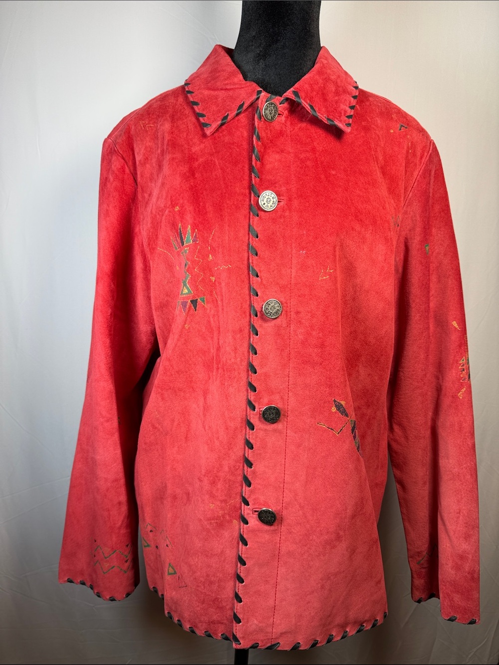 Chico's Red Suede Leather Jacket; Aztec Painted Accents and Black Leather Trim